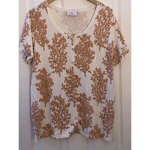 Quacker Factory cardigan top coral print w/ rhinestones & crystal button size XL